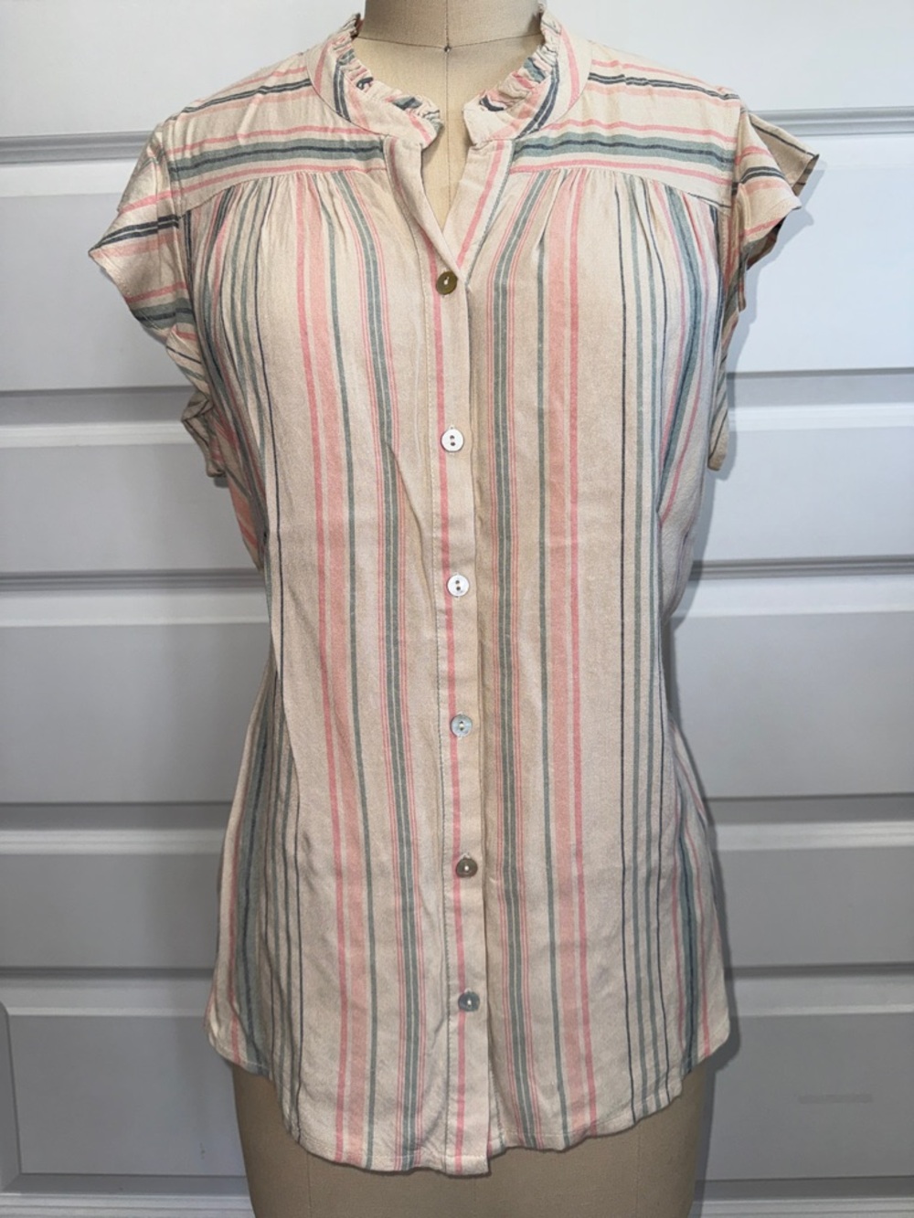 lovestitch Pink and Green Striped Cap-Sleeve Button Front Blouse